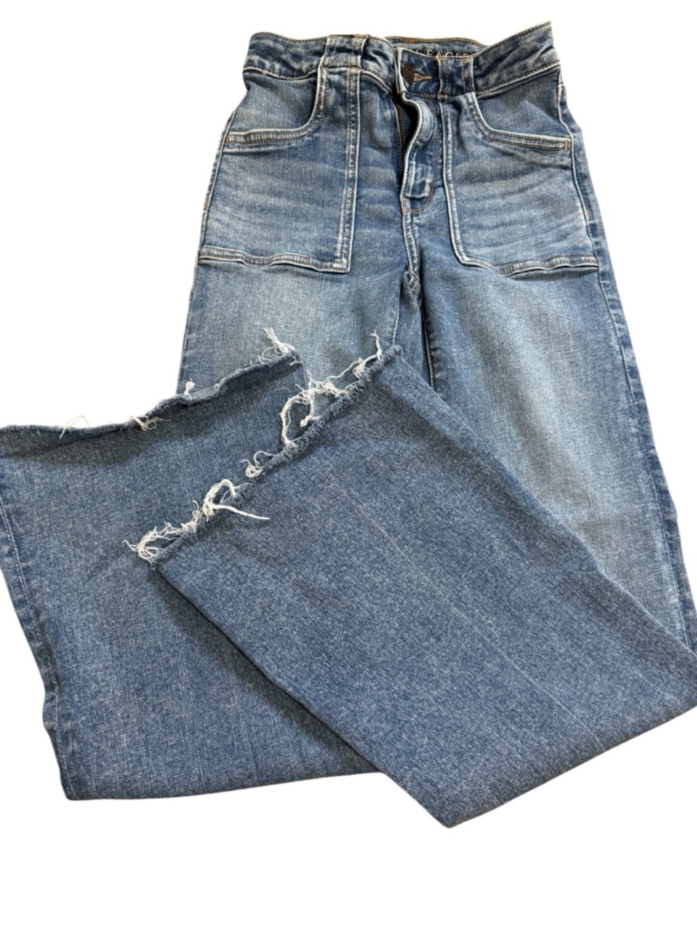 American Eagle High Rise Wide Leg Jeans Raw Hem Patch Pocket Womens Size 00